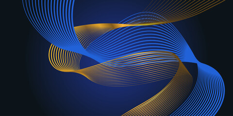 Blue and gold luxury abstract background with glowing golden wave. Modern blue gradient flowing gold wave lines. Shiny futuristic technology concept. Vector illustration