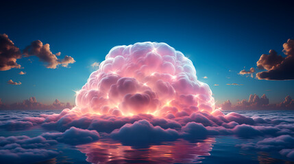 Fototapeta na wymiar Celestial Pink Cloud Island with Reflective Water Orb created with Generative AI technology