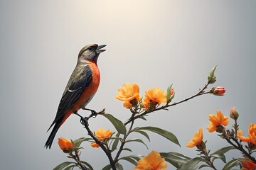 A realistic image of nature, bird in a flowers, conveying the natural beauty of spring, ideal for designers and elusrators, with copy space for text