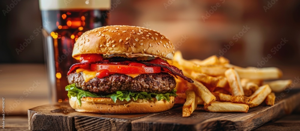 Wall mural A cheeseburger with mayo, accompanied by French fries, presented on a wooden cutting board. The soda complements the meal.