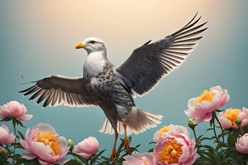 A realistic image of nature, bird in a flowers, conveying the natural beauty of spring, ideal for designers and elusrators, with copy space for text