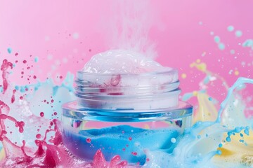 Facial pampering skin care cream. Skincare treatment products: care lotion, skincare moisturiser gel, oil, pipette with spot treatment toner serum and shellac manicure jar pot