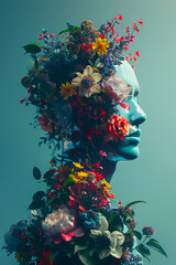 Blossoming Mind Concept, Floral Human Profile created with Generative AI technology