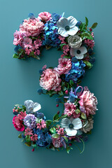 Floral number '3' Composition, Elegant Botanical Typography created with Generative AI technology