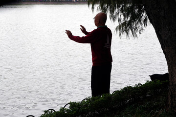 Man do Tai Chi in the morning on the banks of Hoan Kiem Lake. Hanoi. Vietnam.