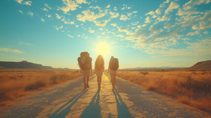 Backpackers walking on the road at sunset. Travel and adventure concept. generative ai art