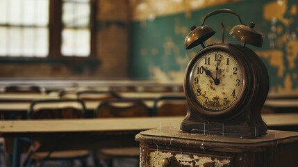 Naklejka premium End of School Day: Frozen Clock in Empty Classroom | Stillness and Quiet Afternoon