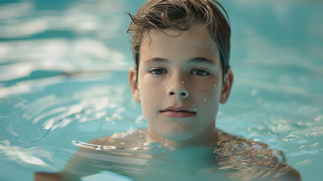 Portrait of a cute little boy swimming underwater in the pool.