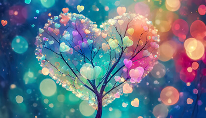 Coeur translucide rempli de petits coeurs colorés avec bokeh, Saint Valentin, mariage, sentiment d'amour et de romantisme