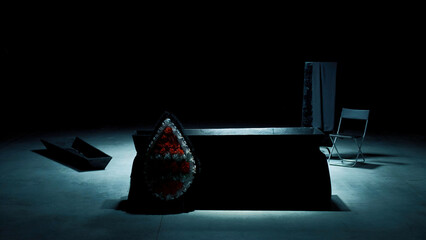 Coffin on stage. Stock footage. Dark scene with empty coffin and funeral belongings. Empty coffin...