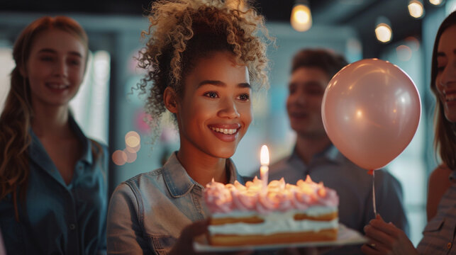 Portrait of smiling african american woman holding gift box in cafe