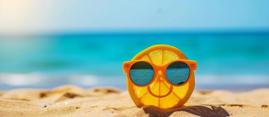 Fototapeta na wymiar Sliced orange wearing sunglasses on a summer sandy beach with sea in the background