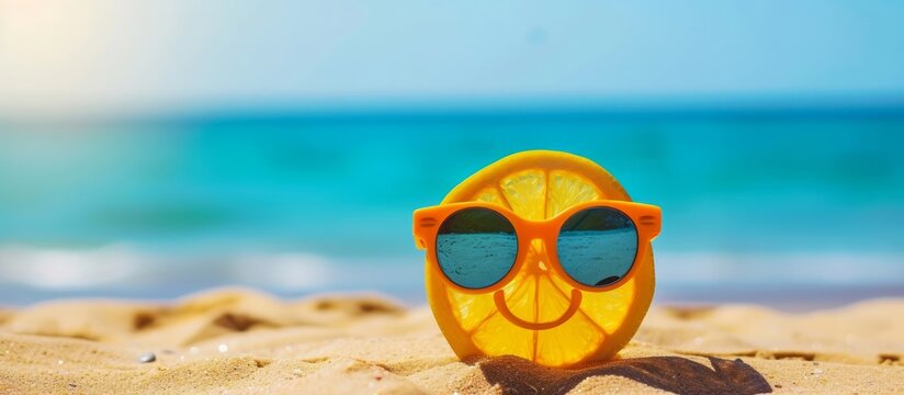 Sliced orange wearing sunglasses on a summer sandy beach with sea in the background