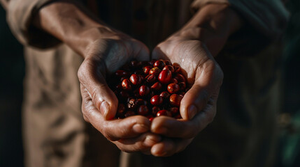 Coffee beans in hands of a woman. Close-up.