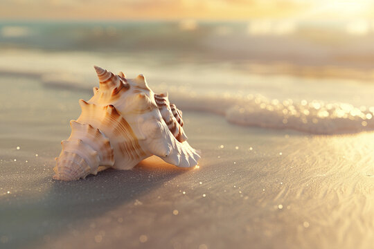 Beautiful sea shell on the sandy beach at sunset, closeup