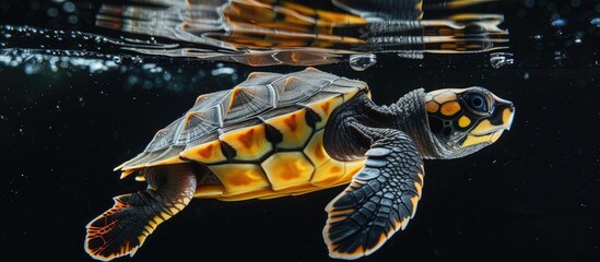 A juvenile Chelonia mydas turtle from Cyprus swimming in the water, with its head above the surface. The turtle is gracefully gliding through the water, showcasing its streamlined body.