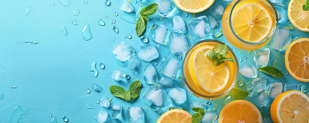 Refreshing drink with lemonade, ice, mint and lemon slices on turquoise background Top view space...