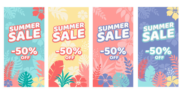 Summer sale banner with tropical plants in vector
