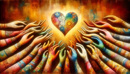 Digital painting depicting diverse hands reaching towards a heart symbolizing unity and diversity perfect for community and social themes