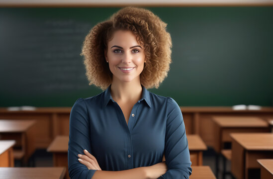 portrait of a young smiling teacher in the classroom