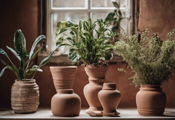 Collection Set of retro vantage old clay jar vase style or classic interior plants pots furniture cu