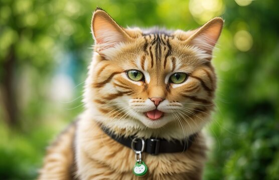 Funny cat expression with backdrop of a green garden