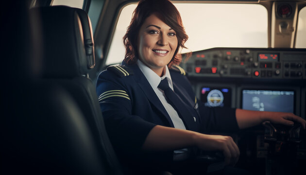 A professional woman pilot with a warm smile controls the cockpit of a commercial airplane, exemplifying expertise and leadership in aviation.
