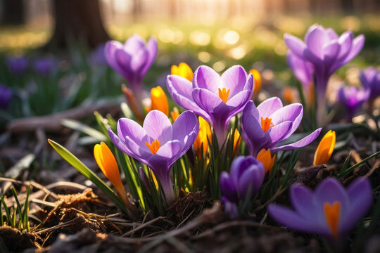 Bright photograph, forest clearing with multi-colored crocuses. Spring image, sun rays.