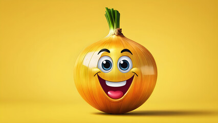 onion cartoon. a vegetable onion emoji on a yellow background. healthy food diet vegetable eat concept. fresh organic vegetable. with empty copy space text - obrazy, fototapety, plakaty