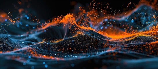 A computer-generated wave featuring vibrant shades of orange and blue cascading in a mesmerizing display. The wave appears dynamic and energetic, with intricate details and a sense of movement.
