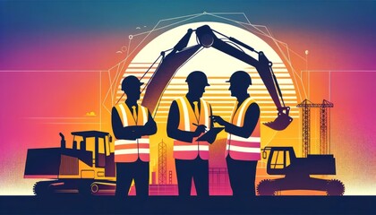 Vector art of construction workers in silhouettes with machinery at a building site
