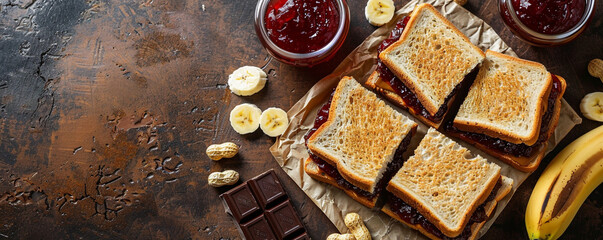 Sandwiches with peanut butter, jelly, banana and chocolate on brown background Top view space to...
