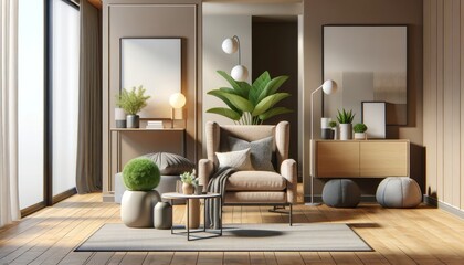 Warmly lit modern living room with cozy armchair and stylish decor ideal for interior design catalogues 3D render