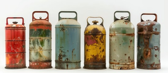 A lineup of vintage gas cans neatly arranged against a plain white backdrop. These collectible relics from the past exude nostalgia and history.