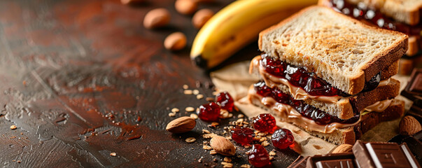 Sandwiches with peanut butter, jelly, banana and chocolate on brown background Top view space to...