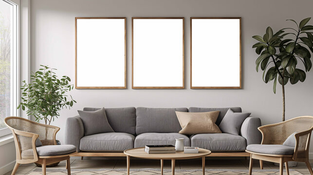 modern living room with 3 photo frames mock up