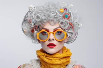 creative woman in strange clothes on a white background