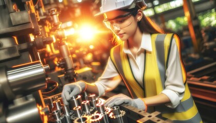 Photo of a female engineer fine-tuning machinery in an industrial setting with warm lighting. - obrazy, fototapety, plakaty