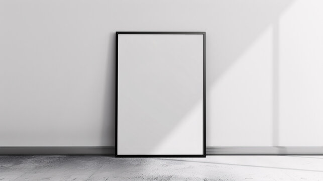 black photo frame on floor in a empty room mockup