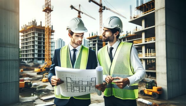 Two architects in hard hats discussing over a blueprint at a construction site with cranes