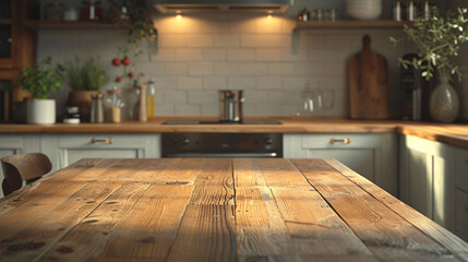 wooden table top on blur kitchen background