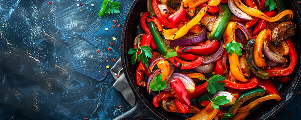 Sizzling fajitas with colorful bell peppers and onions on a cast iron skillet with a southwestern-themed background Top view space to copy.