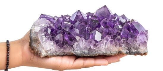 Fototapeta premium A hand holds a cluster of stunning purple amethyst crystals, showcasing their natural beauty and exquisite formation. The crystals glisten under the light, highlighting their unique shapes and colors.