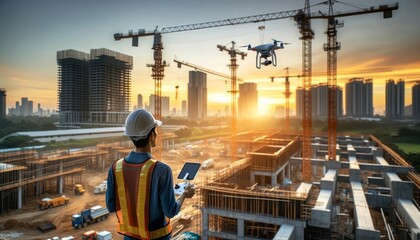 Naklejka premium A photo capturing an engineer operating a drone at a construction site during sunset for monitoring progress