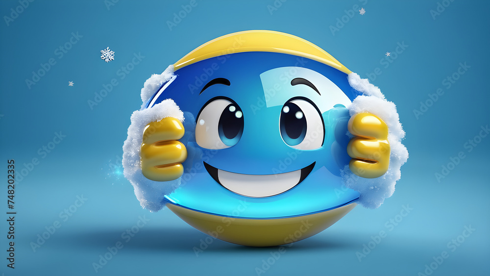 Wall mural cartoon winter character Smiley's face. glassy a winter a emoji on blue background. winter Smiley's face cartoon. cool ice winter cartoon.smile.