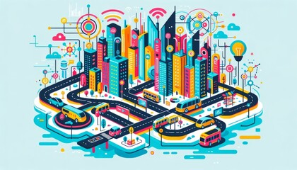 Colorful vector illustration of a bustling smart city with interconnected digital elements for urban planning design