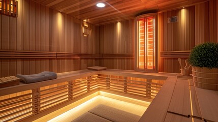 Inside a tranquil infrared sauna, glowing heaters emit a warm, inviting light, highlighting the rich wooden benches and walls in a scene of modern relaxation and wellness.