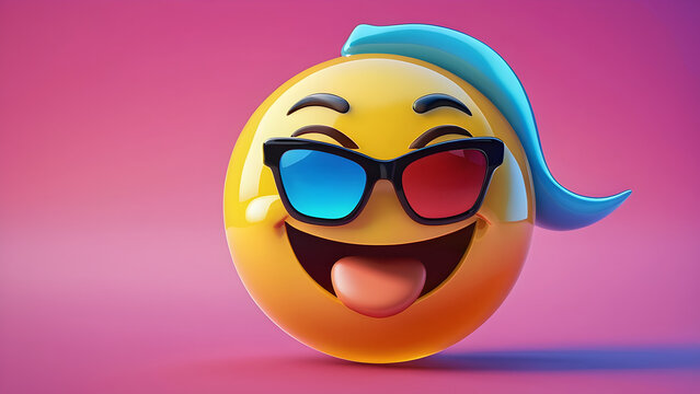 3d smiley face and cool glass. Asad emoji on a blue background