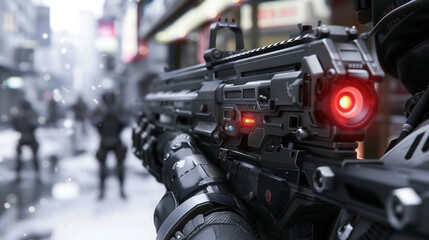 Small arms with biometric locks and aiming assist wielded by cyborg soldiers in urban combat
