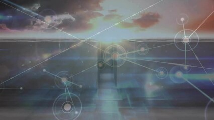 Animation of network of connections over maze and clouds - Powered by Adobe